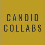 Black thin font spelling out Candid Collabs with a gold color background