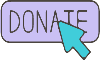 Bright lavender donate button with a teal arrow, and black outline.