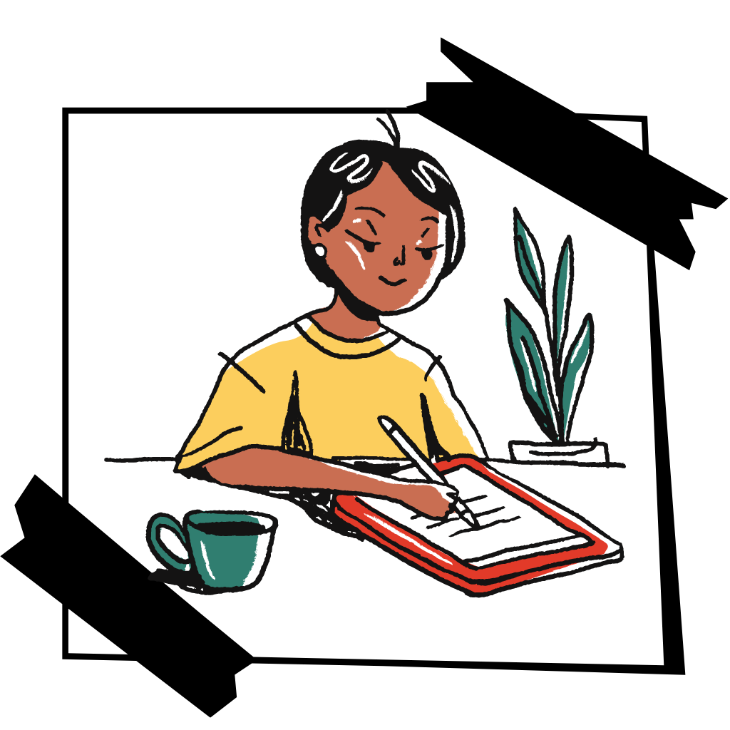 Illustration of a student writing her technical ideas