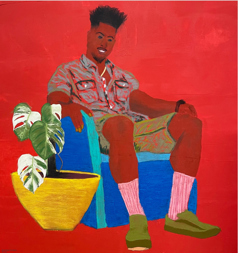 Artist Hasef, red painting of a man on a love seat. Black Eyes, Pink Socks