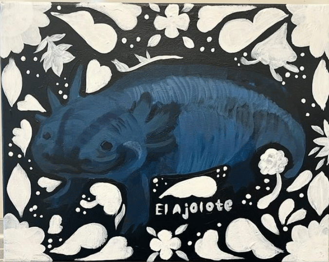 Local Los Angeles artist Kelly Cruz, dark blue axolotl