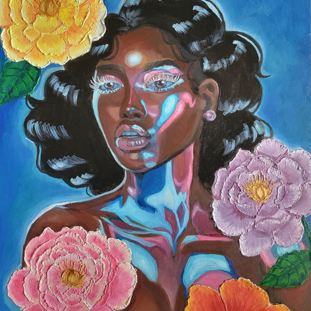 3D Effect With The Flowers. Mixture: combined oil paint and acrylic. Woman surrounded by flowers