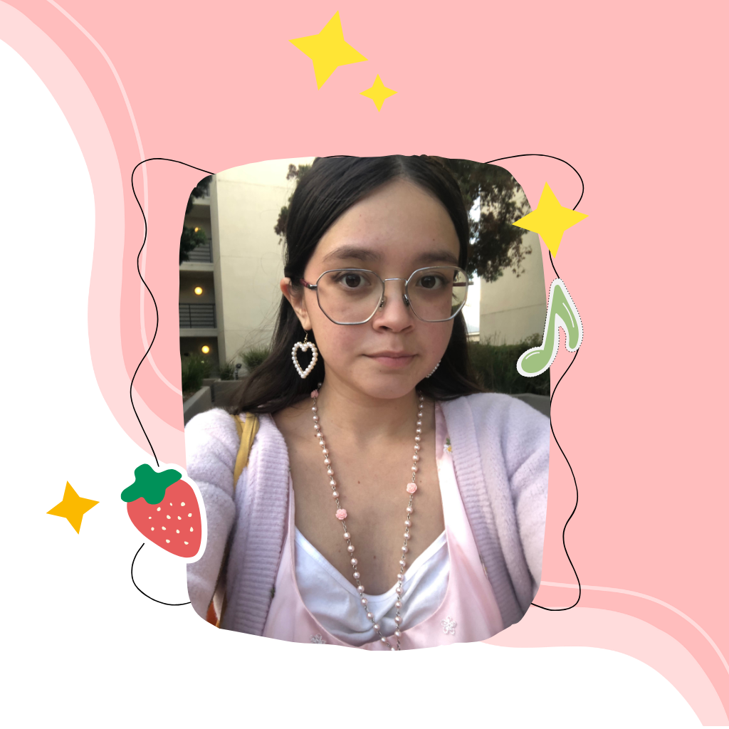 Isabel Gallegos framed in a black line, surrounded by yellow stars, green music note and strawberry on a white and pink graphic background.