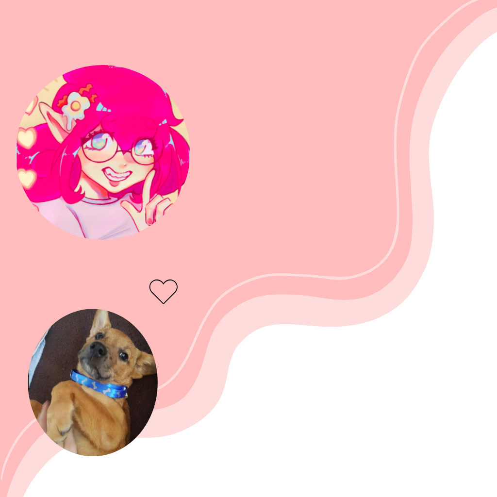 Two images in a circle, 2D and 3D designer and pet dog named Shimmy (bestie), on pink and white graphic.
