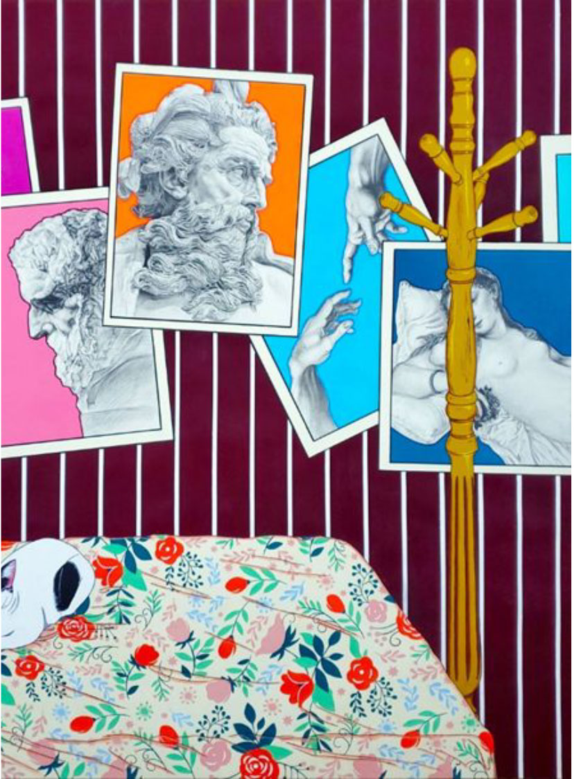 A colorful, surreal painting featuring classical marble-style figure sketches pinned against a striped burgundy wall. Each sketch is framed by a brightly colored background—orange, blue, pink, and turquoise—and includes detailed drawings of faces, hands, and a reclining figure. A tall yellow wooden coat rack stands to the right, and the lower portion of the image shows a floral-patterned bedspread with bold red, green, and blue flowers.