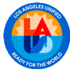 Los Angeles Unified 'Ready for the World' seal: red 'LA' with pale orange starburst on orange background, enclosed in a circle; 'USD' in navy, light blue, and pale blue in the bottom half tones.