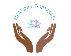 Logo for Healing Forward featuring two brown open hands gently cupping an abstract lotus flower in gradient tones of teal and purple. Above the hands, the words ‘HEALING FORWARD’ curve in teal-green capital letters, creating a balanced and uplifting composition that symbolizes growth, support, and healing.