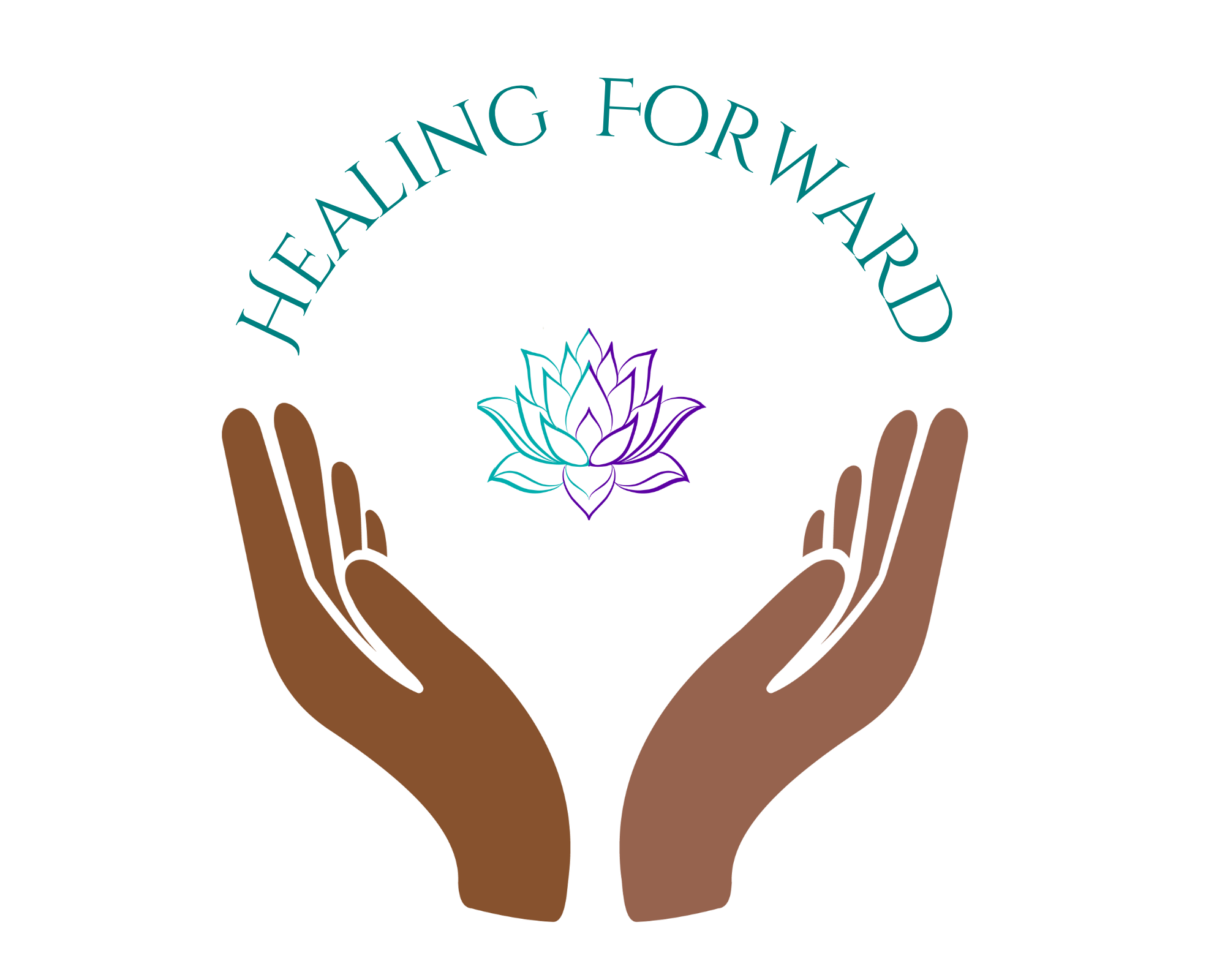 Logo for Healing Forward featuring two brown open hands gently cupping an abstract lotus flower in gradient tones of teal and purple. Above the hands, the words ‘HEALING FORWARD’ curve in teal-green capital letters, creating a balanced and uplifting composition that symbolizes growth, support, and healing.
