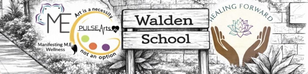 Pulse Arts Logo, Manifesting M.E Wellness Logo, Healing Forward Logo All In Color. Walden School Written On Wooden Sign In Black And White.
