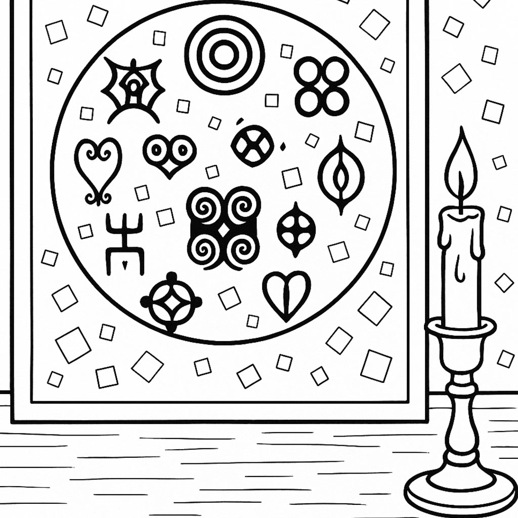 Black-and-white illustration of a framed circle filled with symbolic shapes and icons, displayed on a table beside a lit candle.